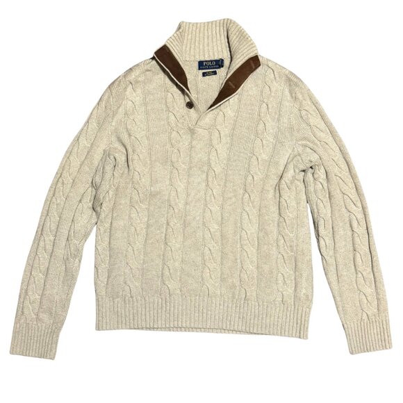 Ralph Lauren Blue Label Cable-Knit Silk-Cashmere Sweater Size M Tan Leather-Trim - Picture 1 of 11